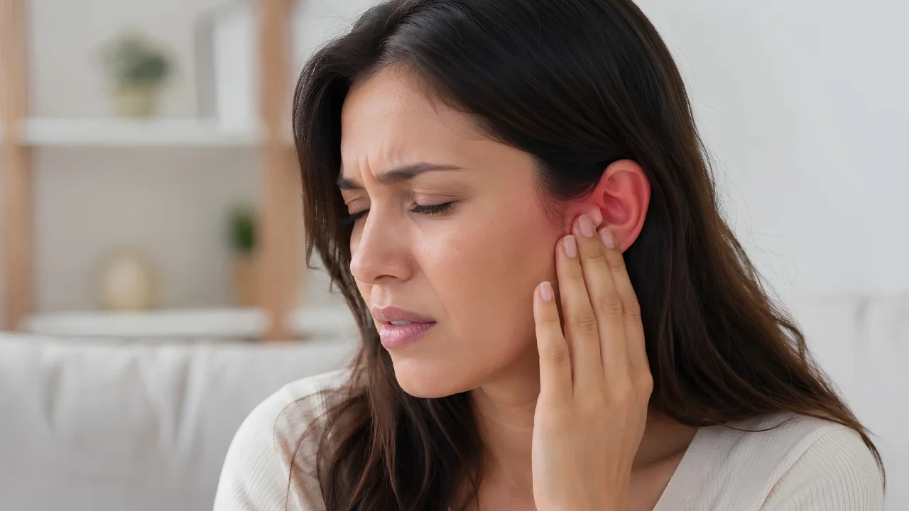 Woman holding her ear in discomfort
